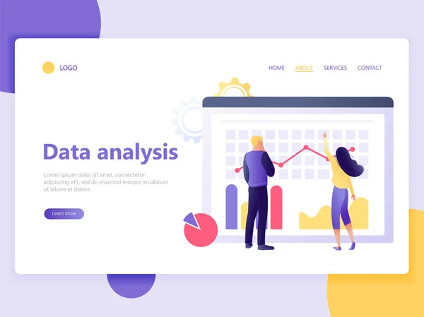 Modelo de página web de desembarque de análise de dados - as pessoas analisam big data. Trabalho em equipe, coworking, processo de fluxo de trabalho. Ilustração vetorial de conceito plano para página web, site e site móvel, ui, ux . — Vetor de Stock