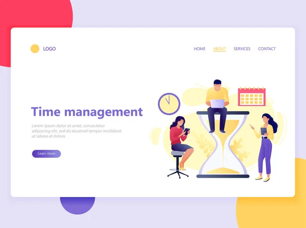 Landning webbsida mall för Tidshantering med människor sitter och står nära timglas med bärbar dator och surfplatta. Planering och strategi. Platt koncept vektor illustration för webbsida, hemsida och — Stock vektor
