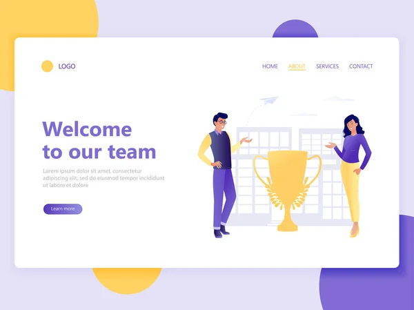 Plantilla de landing page de Únete a nuestro equipo. Hombres y mujeres invitan al equipo. Sobre nosotros, bienvenidos a la organización. Ilustración de vectores de concepto plano para página web, sitio web y sitio web móvil, ui, ux . — Vector de stock