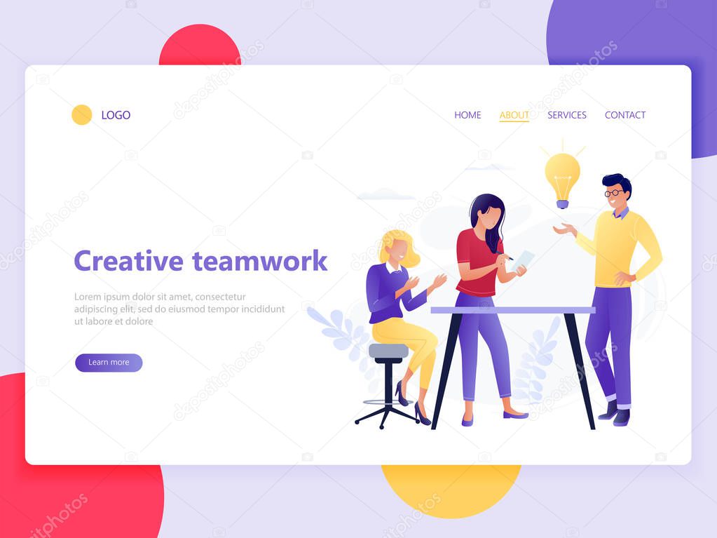 Landing web page template of creative teamwork - people working in friendly workplace. Coworking, teamwork, idea, communication, interaction. Flat concept vector illustration.