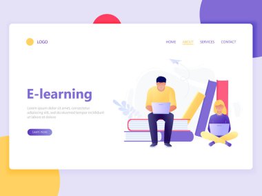 Çevrimiçi eğitimin web sayfası şablonu. Dizüstü bilgisayarlı kitapların yanında oturan erkek ve kadın. E-öğrenme, online öğretim, kurslar. Web sayfası, web sitesi ve mobil cihazlar için düz konsept vektör çizimi.