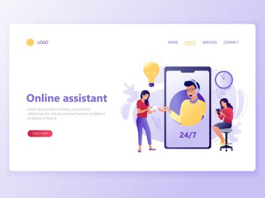 Çevrimiçi teknik desteğin web sayfası şablonu. Erkek yardım hattı operatörü ile büyük telefon yakın insanlar. Online asistan, sanal yardım hizmeti, 7/24, müşteri ve operatör. Düz kavram vektörü