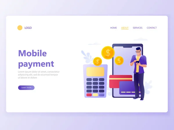 Landing webpaginasjabloon van contactloos betalen, Terminal en creditcard, online bankieren, mobiele betaling, POS-terminal bevestigen, NFC-betaling, geld overmaken. Vlakke concept vector illustratie. — Stockvector