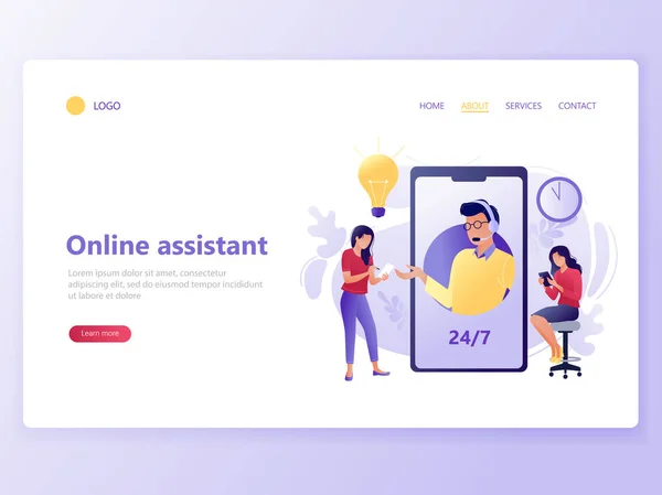 Mall för landnings webbsida för teknisk support online. Personer nära Big Phone med manliga Hotline operatör. Online Assistant, Virtual Help service, 24-7, kund och operatör. Platt koncept vektor — Stock vektor