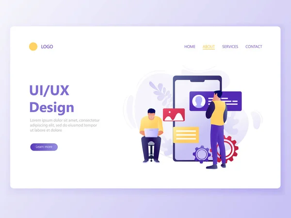 Web sayfası şablon mobil uygulama geliştirme / açılış. Büyük smartphone yakınındaki insanlar tasarım mobil uygulaması. UI Ux tasarım. Modern düz konsept vektör çizim