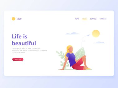 Web sayfası şablonu mutluluk, psikolojik sağlık, yaşam doyumu, sağlık, sağlıklı yaşam, rüyalar, yaratıcılık iniş. Hayat güzeldir. Düz kavramı vektör çizim