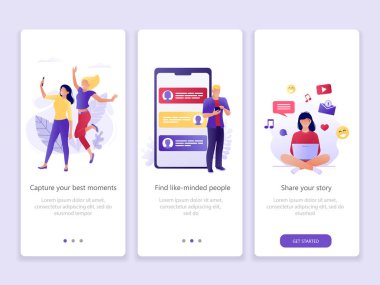 Pazarlama, sosyal medya, reklam. Onboarding ekranlar kullanıcı arabirimi kiti. Modern kullanıcı arabirimi Ux, UI filtresi şablonu mobil akıllı telefon veya web sitesi için. Vektör çizim