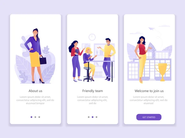 Şirket bize, takım, iş hakkında tanıtım. Onboarding ekranlar kullanıcı arabirimi kiti. Modern kullanıcı arabirimi Ux, UI filtresi şablonu mobil akıllı telefon veya web sitesi için. Vektör çizim