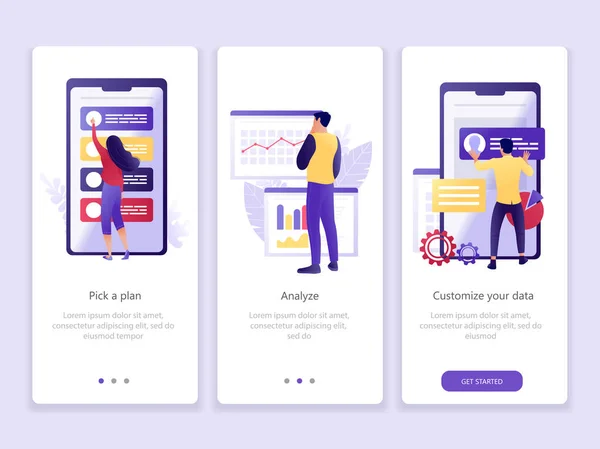 Veri analizi app. Onboarding ekranlar kullanıcı arabirimi kiti. İş Tema. Modern kullanıcı arabirimi Ux, UI filtresi şablonu mobil akıllı telefon veya web sitesi için. Vektör çizim