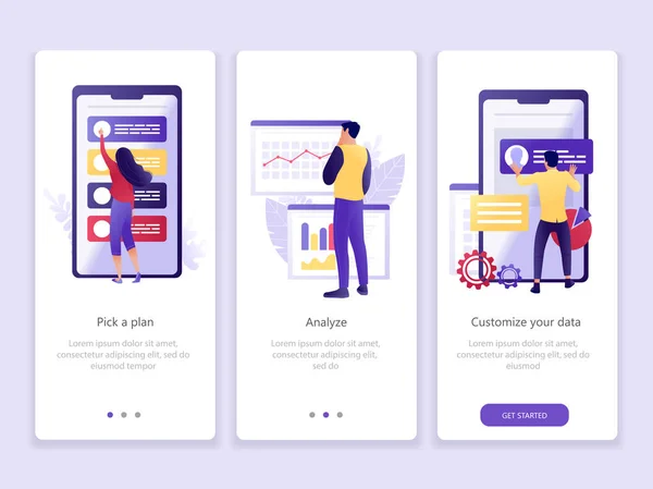 Adatok Elemzése App Onboarding Képernyők Felhasználói Felület Kit Üzleti Téma — Stock Vector
