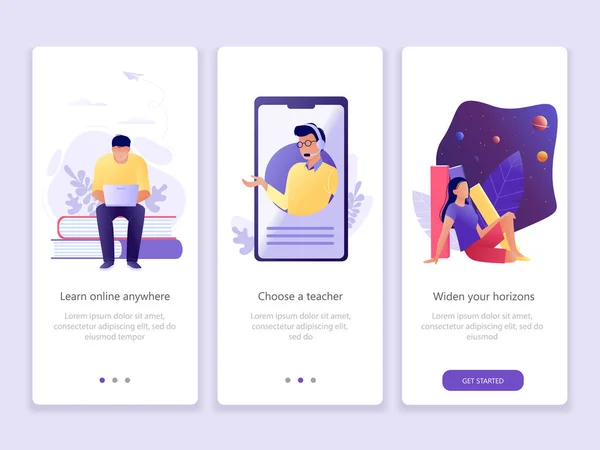 Online Eğitim, okul, eğitim, ders. Onboarding ekranlar kullanıcı arabirimi kiti. E ticaret. Modern kullanıcı arabirimi Ux, UI filtresi şablonu mobil akıllı telefon veya web sitesi için. Vektör çizim