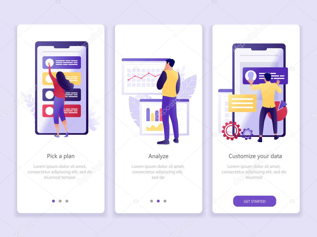 Data analysis app. Onboarding screens user interface kit. Business theme. Modern user interface UX, UI screen template for mobile smart phone or web site. Vector Illustration