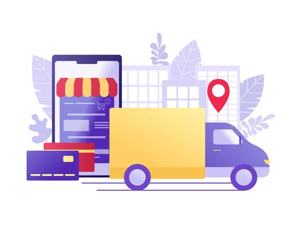 Online Αγορές Και Παράδοση Αυτοκίνητο Που Μεταφέρουν Εμπορεύματα Και Smartphone — Διανυσματικό Αρχείο