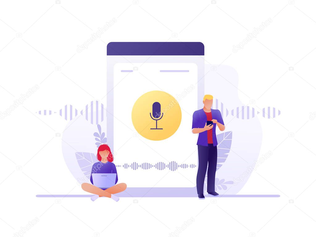 Voice assistant. Young people with gadgets near smartphone. Speaker recognition, voice controlled smart speaker. Voice activated digital assistants, identification. Flat concept vector illustration