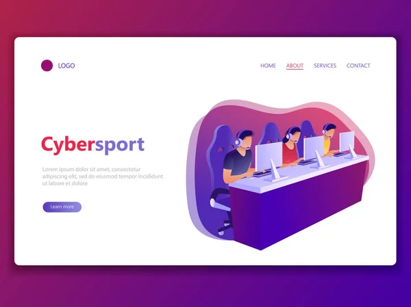 Web sayfası şablon Cybersport / açılış. E-Spor, rekabetçi, bilgisayar oyunları, oyun. Ekrana bakarak ve koltuklarda oturan oyun, oynama kadın ve erkek. Düz kavramı vektör çizim.