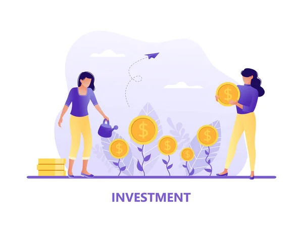 Investasi. Orang menanam koin, uang. Bisnis sukses. Ilustrasi vektor konsep datar untuk halaman web, situs web dan seluler, diisolasi dengan warna putih . - Stok Vektor