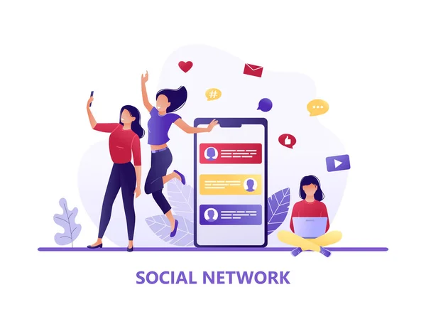 Social media, networks. Women taking selfie together, girl sitting with laptop. Chat, forum. Flat concept vector illustration for web, landing page, banner, flyer. — Stock Vector