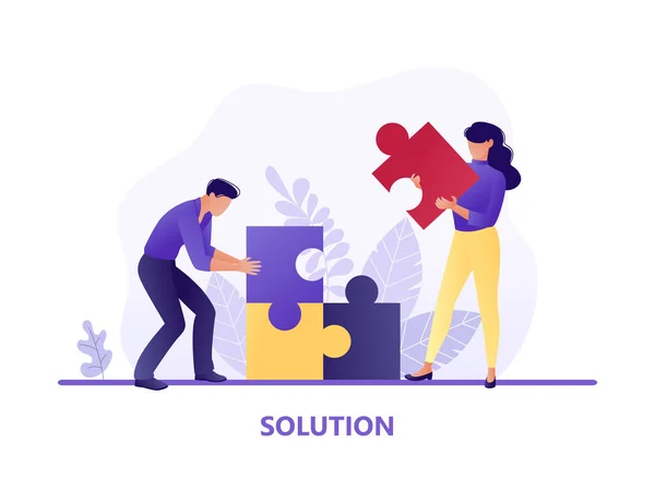 Une solution. Des gens qui assemblent des pièces d'un puzzle. Coopération et travail d'équipe, solutions et résolution de problèmes. Illustration vectorielle concept plat pour page web, site web et mobile . — Image vectorielle