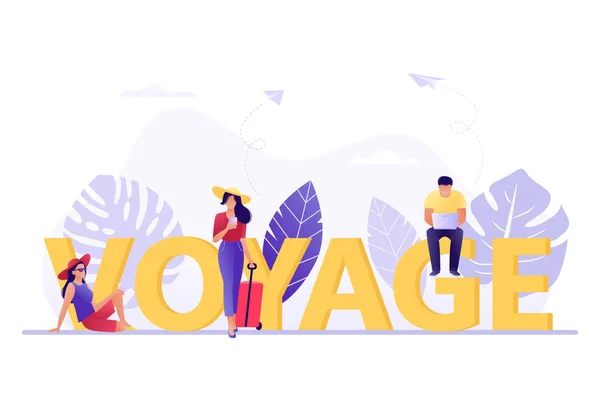 Viaje, Viajar, reservar - personas pequeñas cerca de grandes letras Viaje. Vacaciones, recreación, vacaciones, viajes. Isla tropical. Ilustración de vector de concepto plano para web, landing page, banner . — Vector de stock