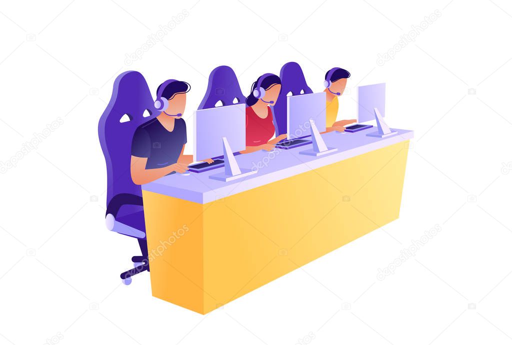 Cybersport. Men and woman playing game, looking at screen and sitting in chairs. Flat concept vector illustration, isolated on white.