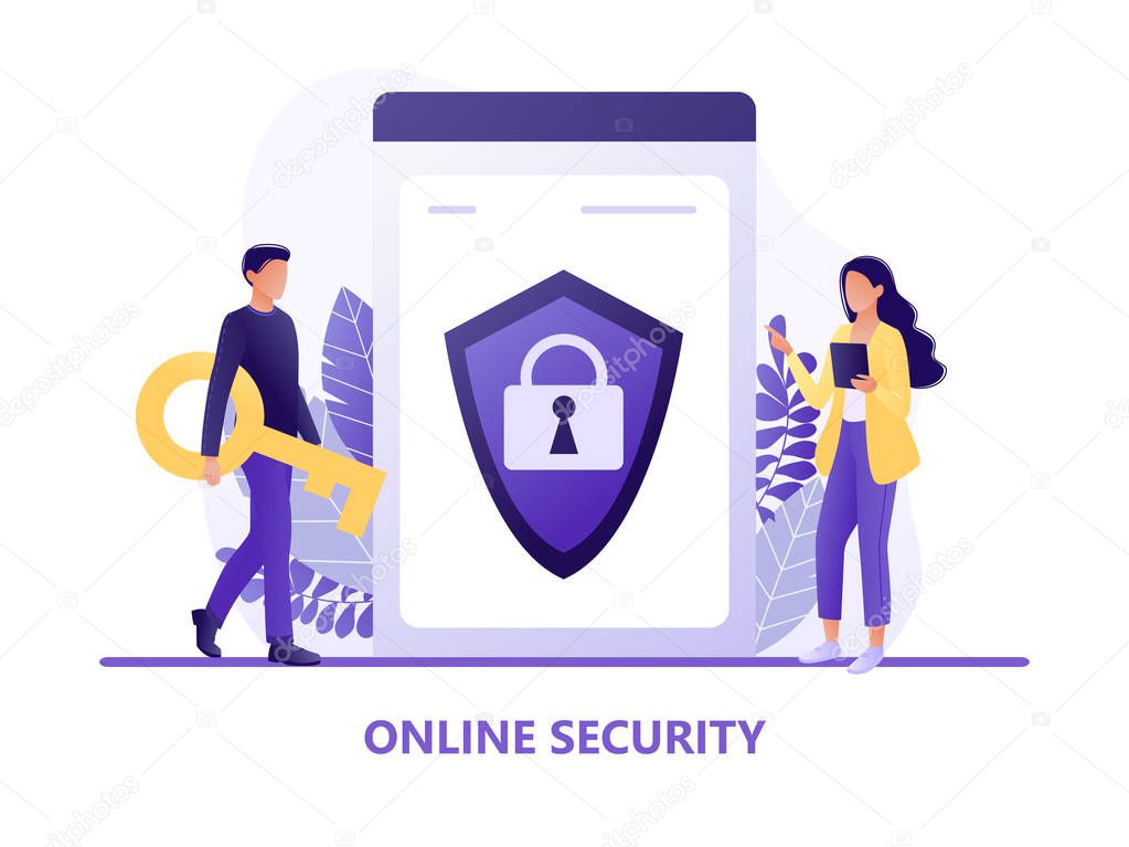 Online security - people protecting computer data. Data protection concept for web page, banner, presentation, social media. Network security, data security, privacy concept. Flat concept vector