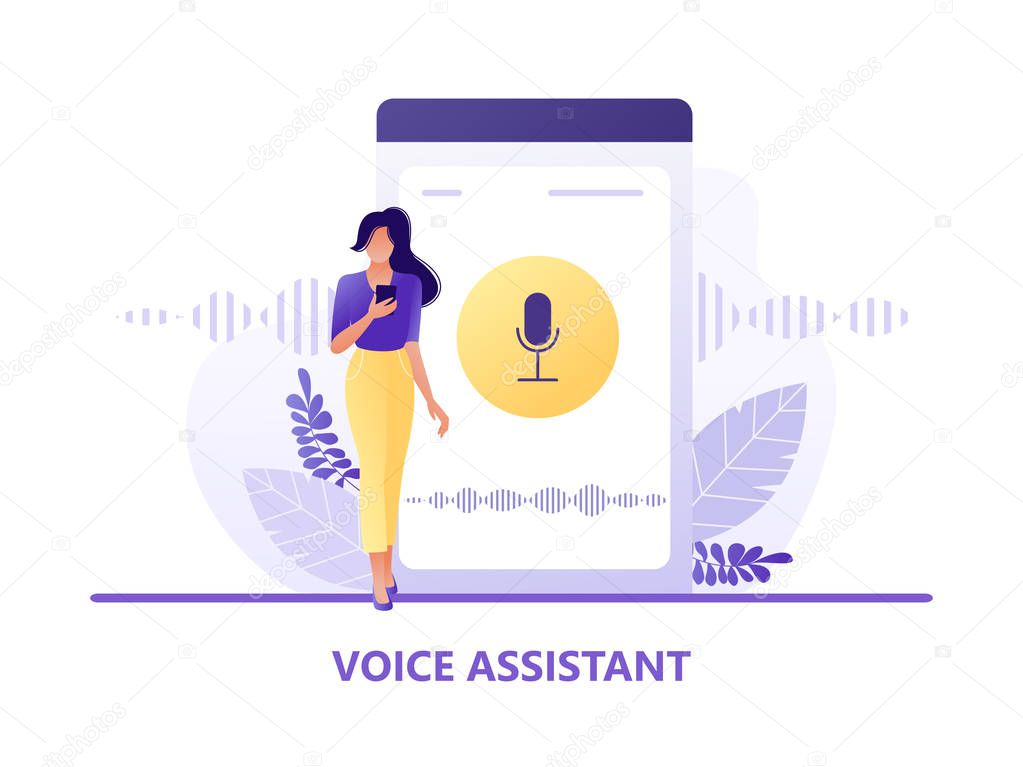 Voice assistant. Young woman with mobile near smartphone. Speaker recognition, voice controlled smart speaker. Voice activated digital assistants, identification. Flat concept vector illustration.