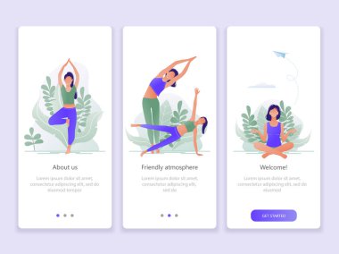 Yoga Okulu, Studio, sınıf. Onboarding ekranlar kullanıcı arabirimi kiti. Modern kullanıcı arabirimi Ux, UI filtresi şablonu mobil akıllı telefon veya web sitesi için. Kadın yoga egzersiz, yoga poz mu. Vektör
