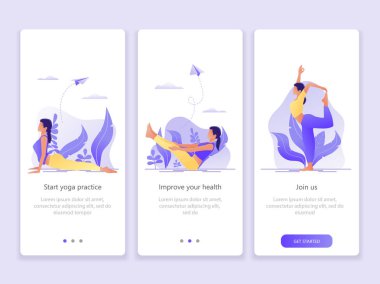 Yoga Okulu, Studio, sınıf. Onboarding ekranlar kullanıcı arabirimi kiti. Modern kullanıcı arabirimi Ux, UI filtresi şablonu mobil akıllı telefon veya web sitesi için. Kadın yoga egzersiz, yoga poz mu. Vektör