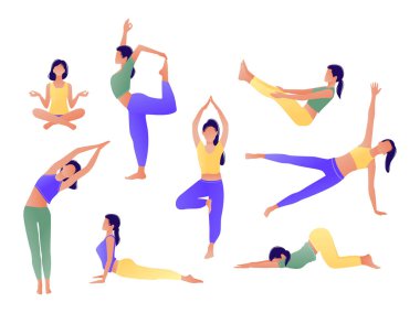 Yoga egzersiz kız küme. Kadınlar yoga egzersizleri yapıyor. Kullanılabilir poster, afiş, el ilanı, kartı, Web sitesi için. Germe ısınma. Vektör çizim. Yeşil, sarı, mor.