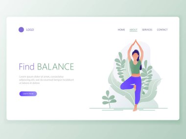 Web sayfası şablonu Yoga Okulu, Studio açılış. Web sitesi ve mobil web sitesi için web sayfa tasarımı modern düz tasarım konsepti. Kadın yoga egzersiz, yoga poz mu. Vektör çizim