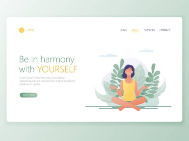 Web sayfası şablonu Yoga Okulu, Studio açılış. Web sitesi ve mobil web sitesi için web sayfa tasarımı modern düz tasarım konsepti. Kadın yoga egzersiz, yoga poz mu. Vektör çizim
