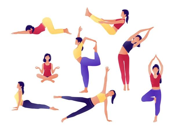 Conjunto de chicas de entrenamiento de yoga. Mujeres haciendo ejercicios de yoga. Se puede utilizar para el cartel, la bandera, el folleto, la tarjeta, el Web site. Calentamiento, estiramiento. Ilustración vectorial. Rojo, amarillo, violeta . — Archivo Imágenes Vectoriales