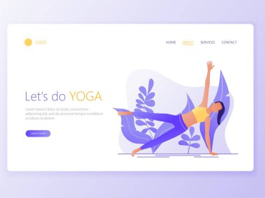 Web sayfası şablonu Yoga Okulu, Studio açılış. Web sitesi ve mobil web sitesi için web sayfa tasarımı modern düz tasarım konsepti. Kadın yoga egzersiz, yoga poz mu. Vektör çizim