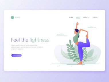 Web sayfası şablonu Yoga Okulu, Studio açılış. Web sitesi ve mobil web sitesi için web sayfa tasarımı modern düz tasarım konsepti. Kadın yoga egzersiz, yoga poz mu. Vektör çizim