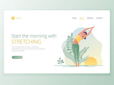 Web sayfası şablonu Yoga Okulu, Studio açılış. Web sitesi ve mobil web sitesi için web sayfa tasarımı modern düz tasarım konsepti. Kadın yoga egzersiz, yoga poz mu. Vektör çizim