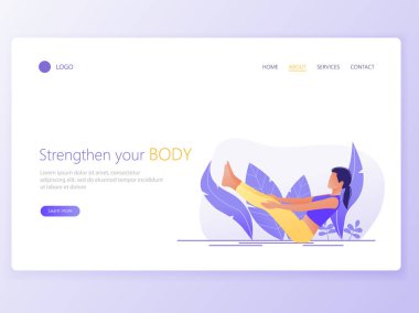 Web sayfası şablonu Yoga Okulu, Studio açılış. Web sitesi ve mobil web sitesi için web sayfa tasarımı modern düz tasarım konsepti. Kadın yoga egzersiz, yoga poz mu. Vektör çizim