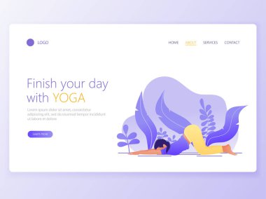 Web sayfası şablonu Yoga Okulu, Studio açılış. Web sitesi ve mobil web sitesi için web sayfa tasarımı modern düz tasarım konsepti. Kadın yoga egzersiz, yoga poz mu. Vektör çizim