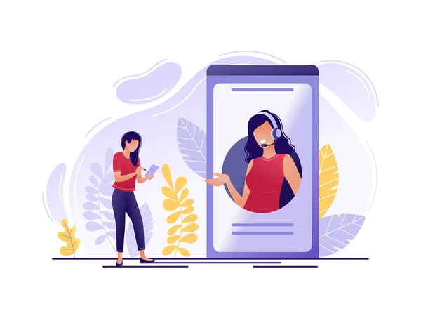 Online teknik destek. Kadın kadın hattı operatörü ile büyük telefon yakınındaki. Online asistan, sanal yardım Servisi, 24-7, müşteri ve işleç. Düz kavramı vektör çizim.