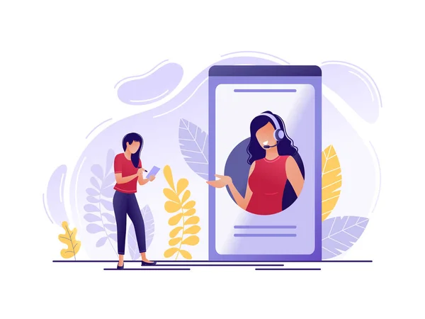 Teknisk support online. Kvinna nära stora telefon med kvinnliga hotline operatör. Online assistent, virtuella hjälpa service, 24-7, kund och operatör. Flat begreppet vektorillustration. — Stock vektor