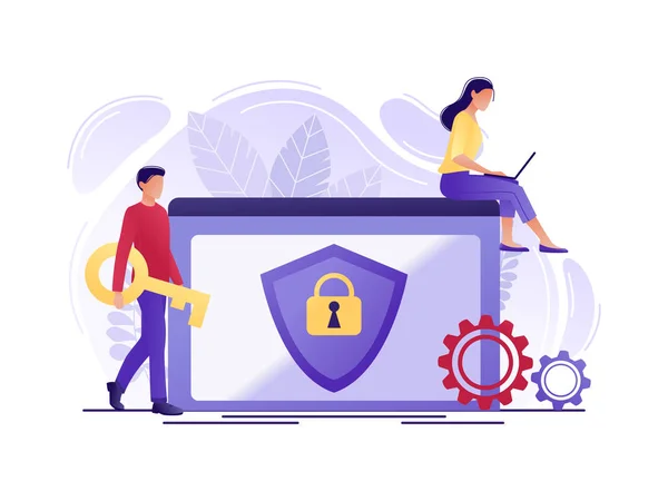 Seguridad: personas que protegen los datos informáticos. Concepto de protección de datos para página web, banner, presentación, redes sociales. Seguridad de la red, seguridad de datos, concepto de privacidad. Ilustración de vector de concepto plano — Archivo Imágenes Vectoriales