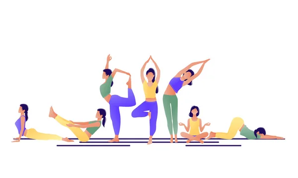Yoga workout flicka set. Kvinnor gör yogaövningar. Kan användas för affisch, banner, flygblad, kort webbplats. Uppvärmning, stretching. Vektorillustration. Grön, gul, violett. — Stock vektor