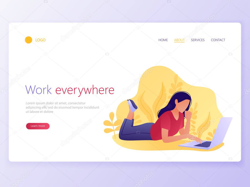 Landing Web page template of Woman working on a laptop. Work anywhere, everywhere, freelance, social media, spending free time online concept. Flat vector illustration.