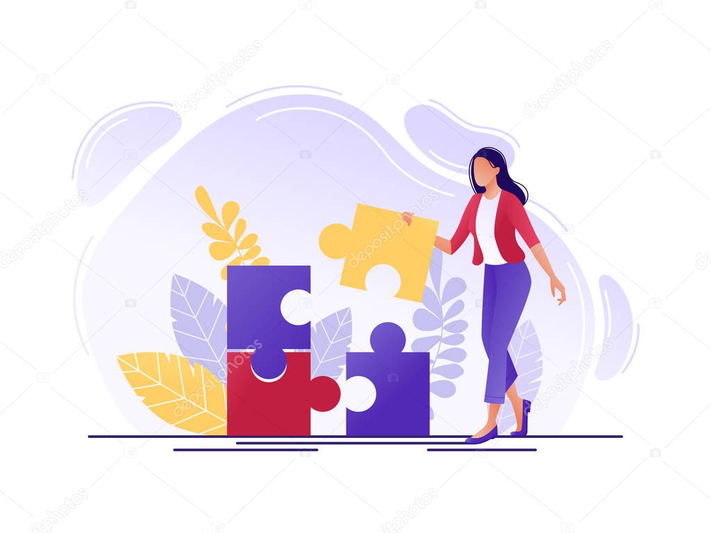 Solution. Woman fitting together pieces of a jigsaw puzzle. Solutions and problem solving. Flat concept vector illustration for web page, website and mobile. Isolated on white.