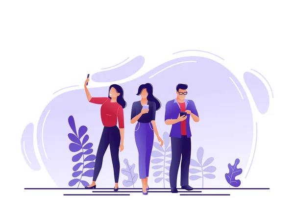 Sosyal medya ağları. Akıllı telefonlar kullanarak, birlikte sohbet, selfie alarak insanlar. Web, açılış sayfası, afiş için düz kavramı vektör çizim. Beyaz izole.