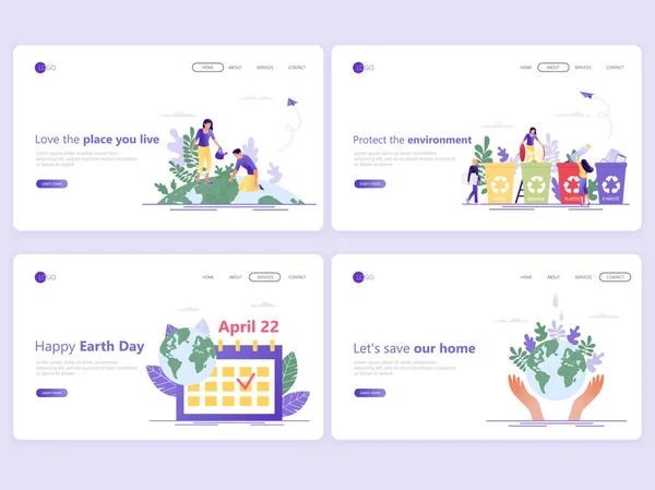 Conjunto de plantillas de Landing page. Salvar el planeta, Feliz Día de la Tierra, ahorrar energía, ecología, concepto del día del medio ambiente mundial. Conceptos de ilustración vectorial plana para una página web o sitio web . — Vector de stock