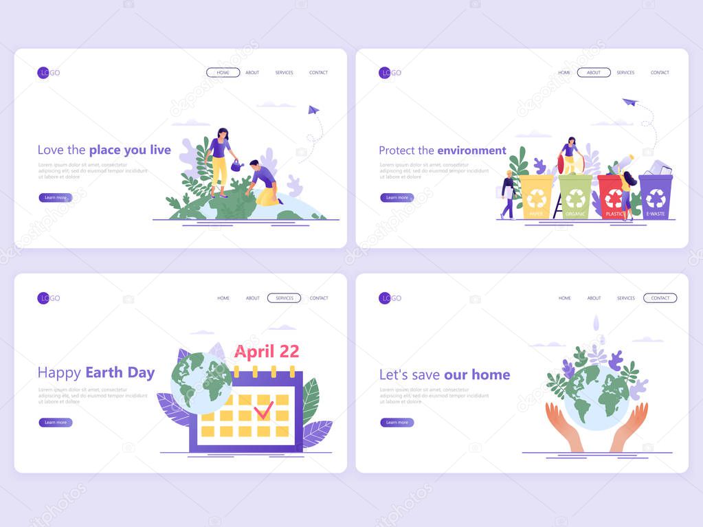 Set of Landing page templates. Save the planet, Happy Earth Day, save energy, ecology, world environment day concept. Flat vector illustration concepts for a web page or website.