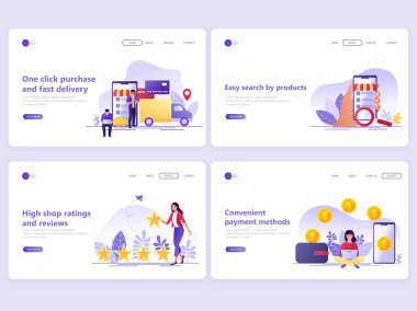 Açılış sayfası şablonları kümesi. Online alışveriş, E-ticaret, perakende, Internet bankacılığı. Bir web sayfası veya Web sitesi için düz vektör illüstrasyon kavramlar.