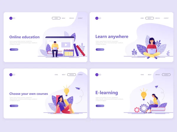 Açılış sayfası şablonları kümesi. Mesafe eğitim, online kurslar, e-öğrenme, öğreticiler. Bir web sayfası veya Web sitesi için düz vektör illüstrasyon kavramlar.