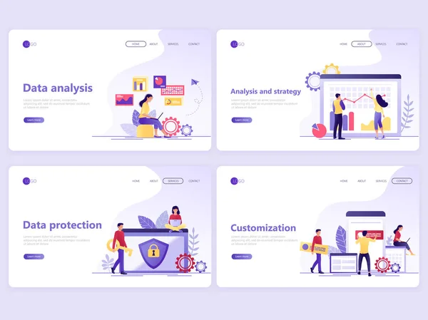Açılış sayfası şablonları kümesi. Veri analizi, strateji, koruma, özelleştirme. Bir web sayfası veya Web sitesi için düz vektör illüstrasyon kavramlar.