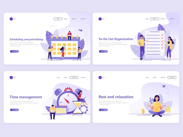 Conjunto de plantillas de Landing page. Planificación empresarial, gestión del tiempo, estrategia y organización. Conceptos de ilustración vectorial plana para una página web o sitio web . — Archivo Imágenes Vectoriales